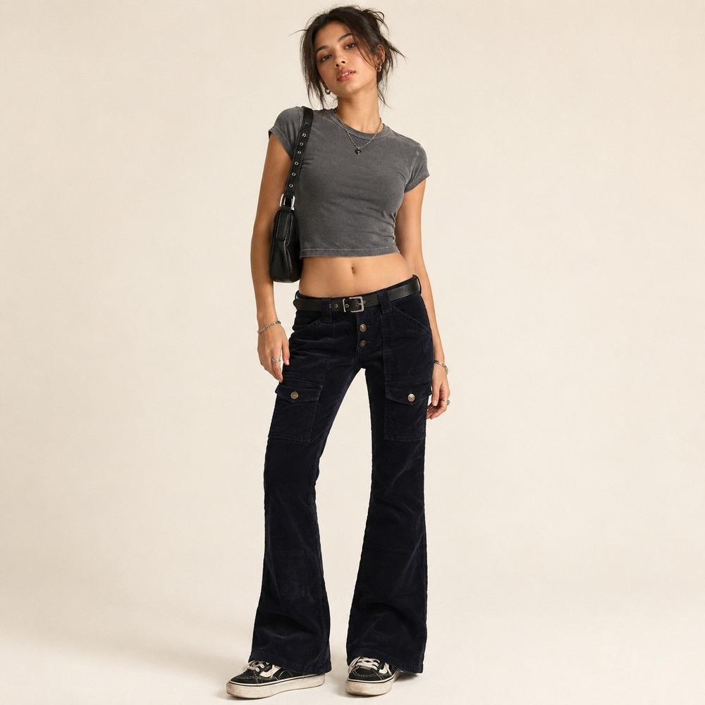 Plugg Y2K Low Rise Corduroy Flare Cargo Pants Navy Blue Streetwear Size 0
